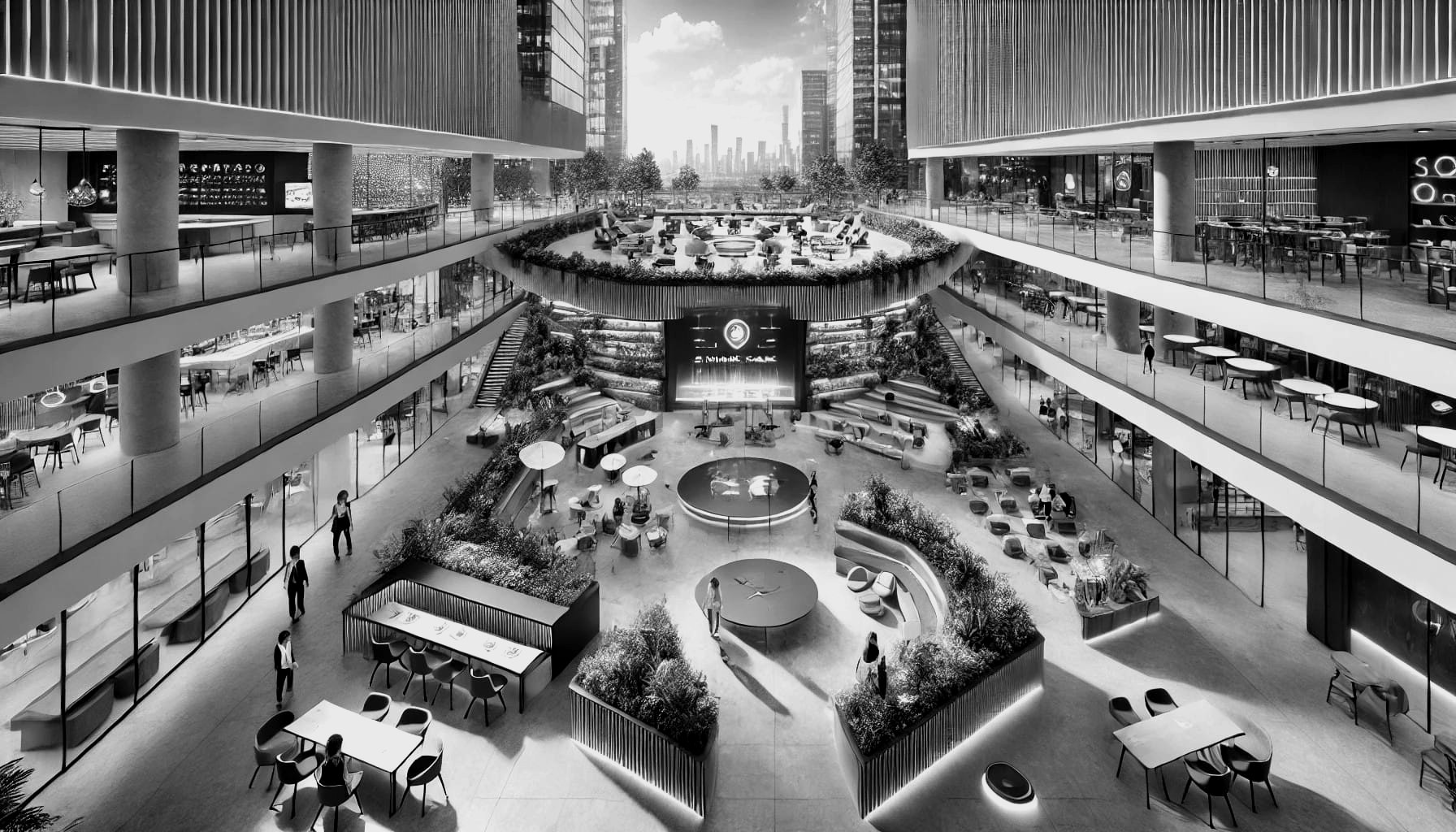 A black-and-white rendering of a multi-level atrium with terraces, planting and a central stage