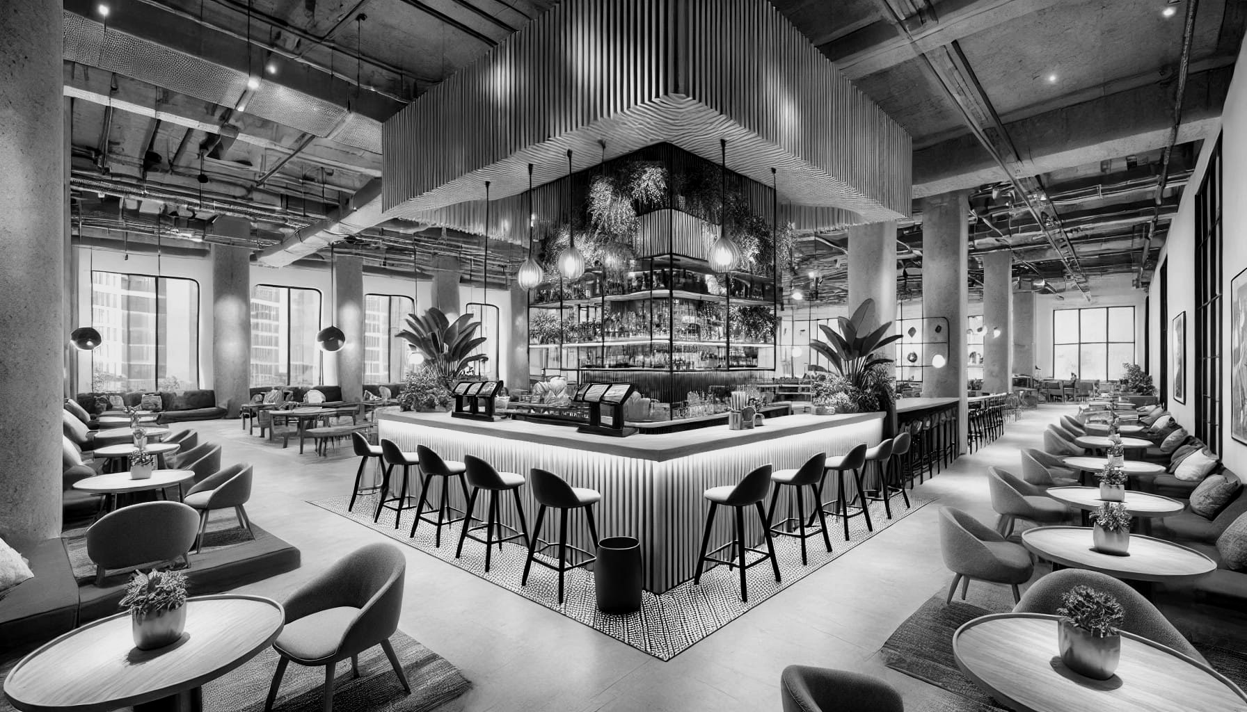 A hotel lobby bar in black and white: long counter, stools, tables and plants under a slatted timber ceiling